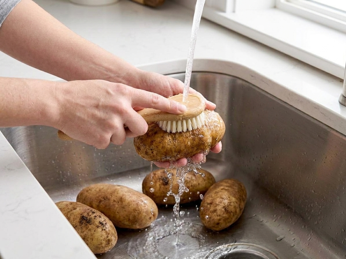 Hands rinsing and scrubbing russet potatoes under running water in a stainless steel kitchen sink