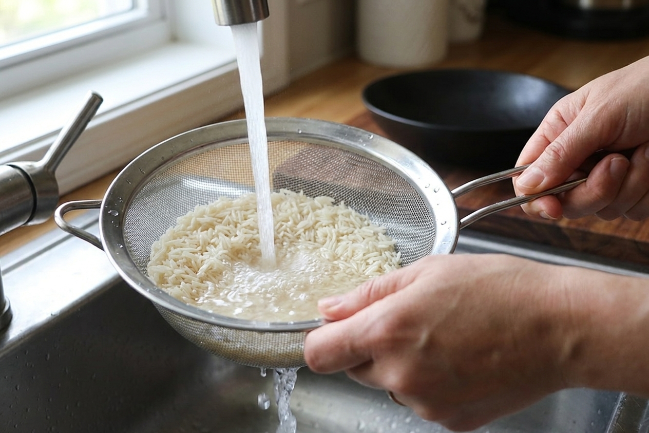 Hands rinsing basmati rice in a fine mesh strainer under running water over a kitchen sink