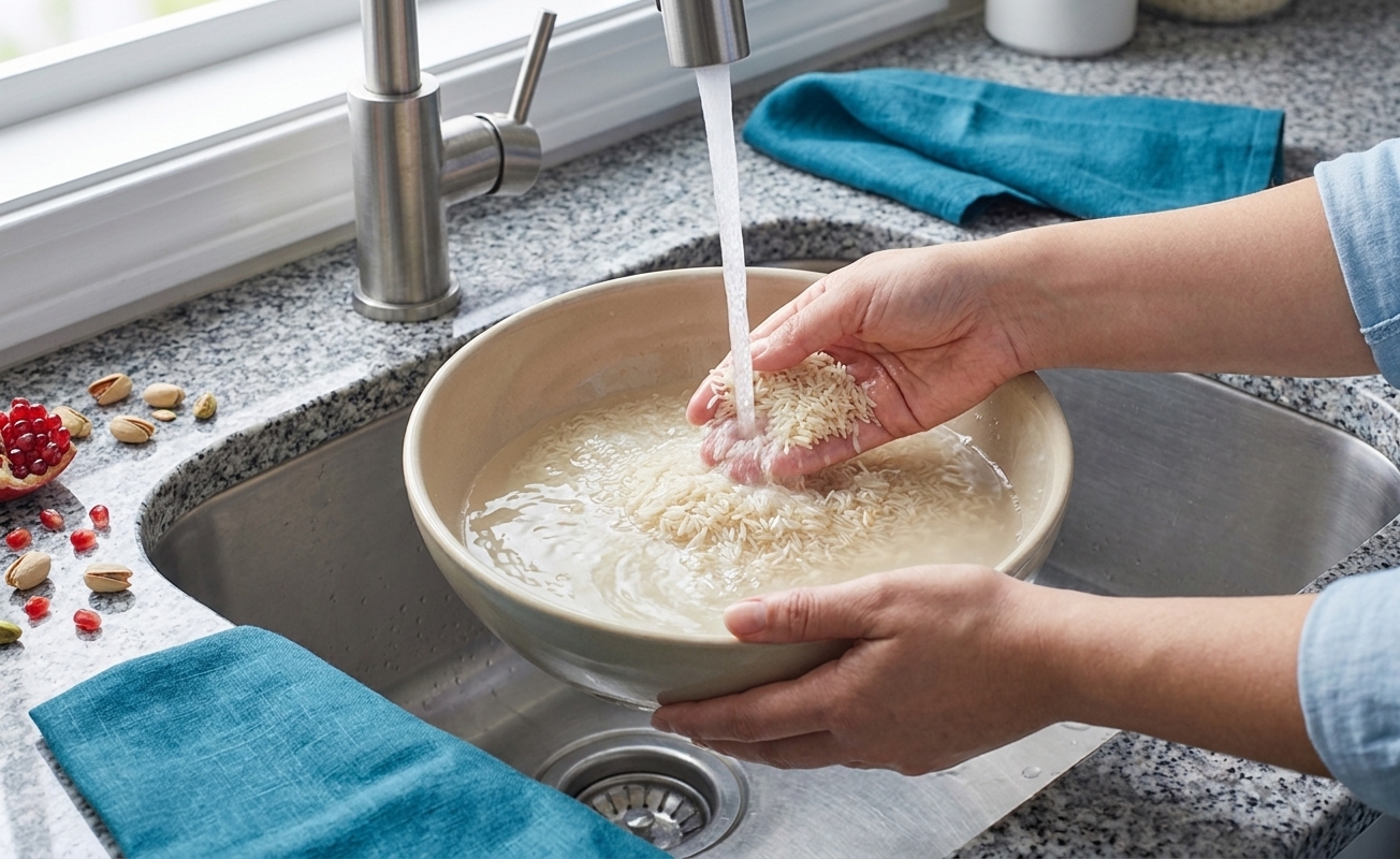 Hands rinsing basmati rice in a large bowl under running water at a kitchen sink