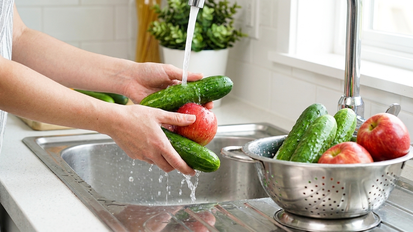 Hands rinsing cucumbers and apples in a stainless steel kitchen sink with a colander nearby