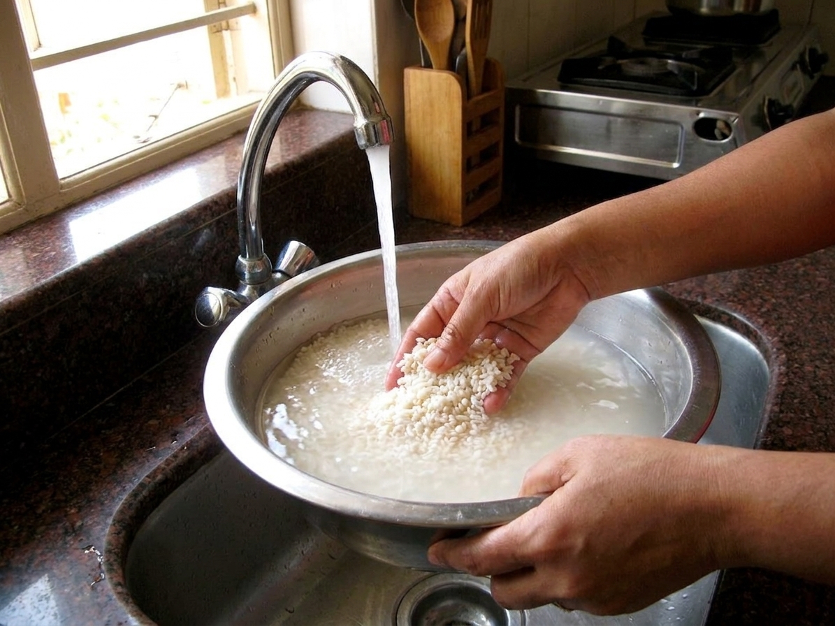 Hands rinsing idli rice in a large bowl under running water in a bright home kitchen