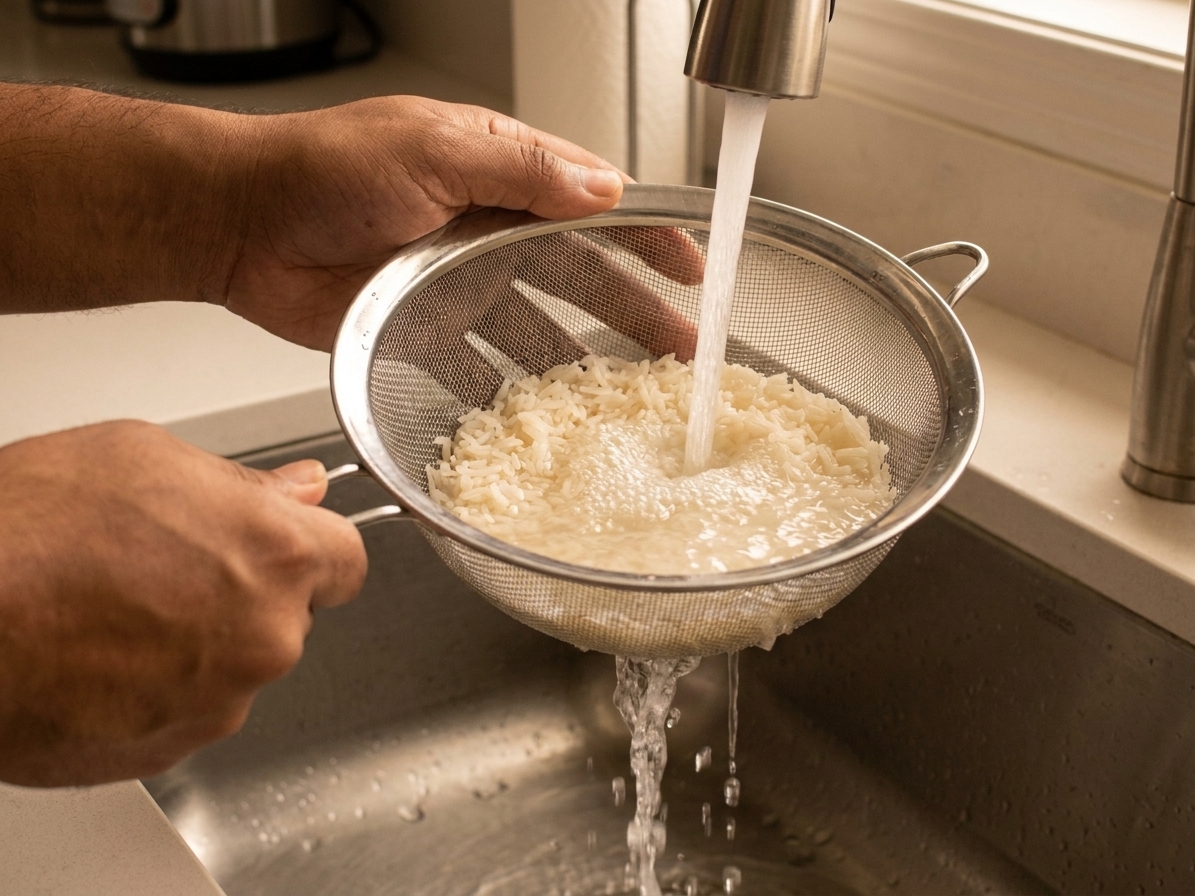 Hands rinsing jasmine rice in a fine mesh strainer under running water over a sink