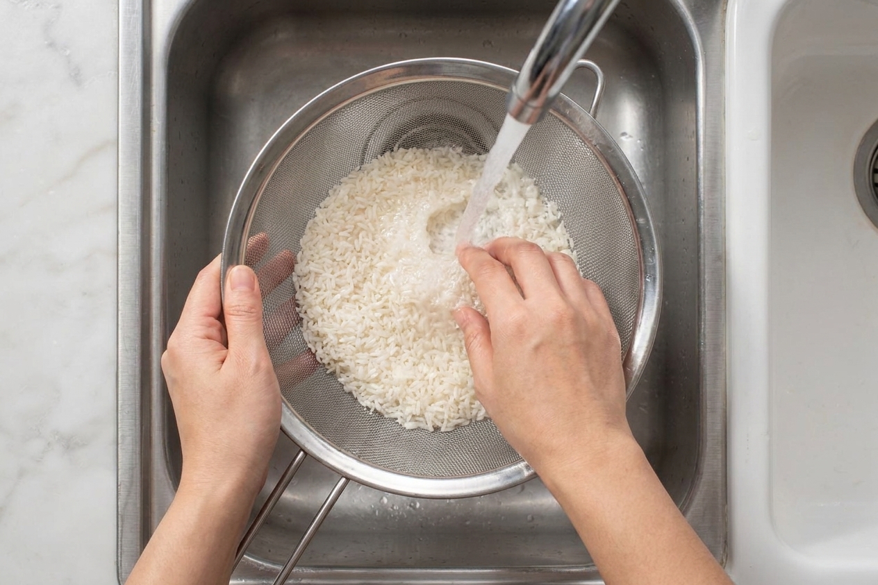 Hands rinsing jasmine rice in a fine mesh strainer over a kitchen sink with water running, simple home kitchen setting
