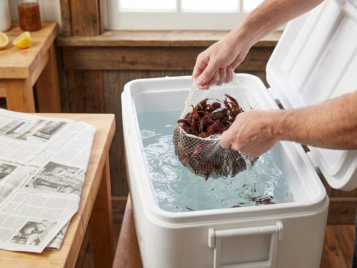Hands rinsing live crawfish in a large cooler with cool water, preparing them for a boil