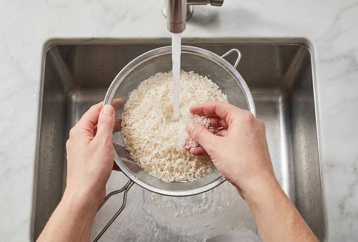 Hands rinsing long-grain white rice in a fine mesh strainer under running water over a kitchen sink