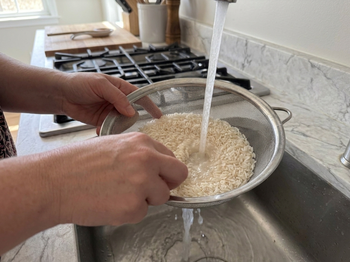 Hands rinsing long-grain white rice in a fine mesh sieve over a sink