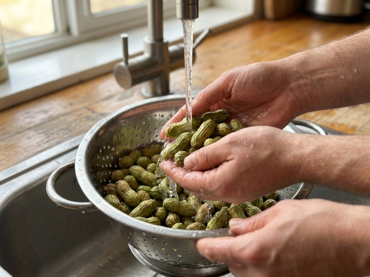 Hands rinsing raw green peanuts in a metal colander under a kitchen faucet, water running over the shells