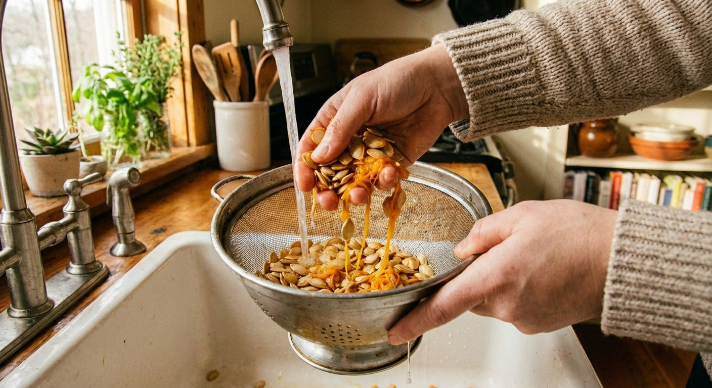 Hands rinsing raw pumpkin seeds in a metal colander over a sink with pumpkin strands visible