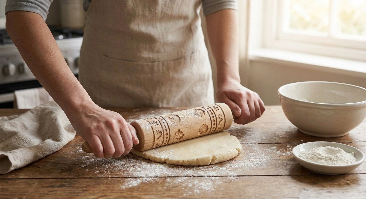 Hands rolling Springerle dough with a rolling pin on a lightly dusted counter