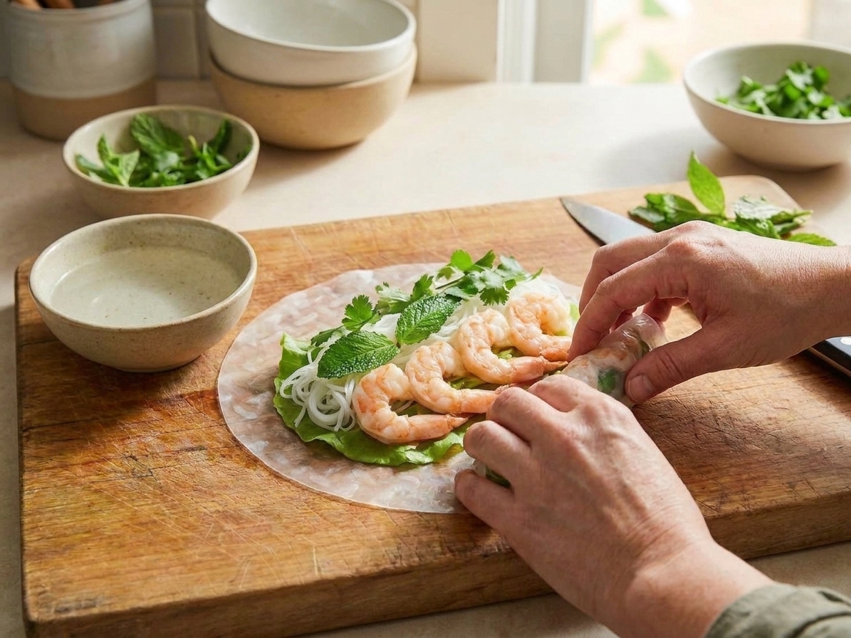 Hands rolling a Vietnamese spring roll on a cutting board with a bowl of warm water nearby