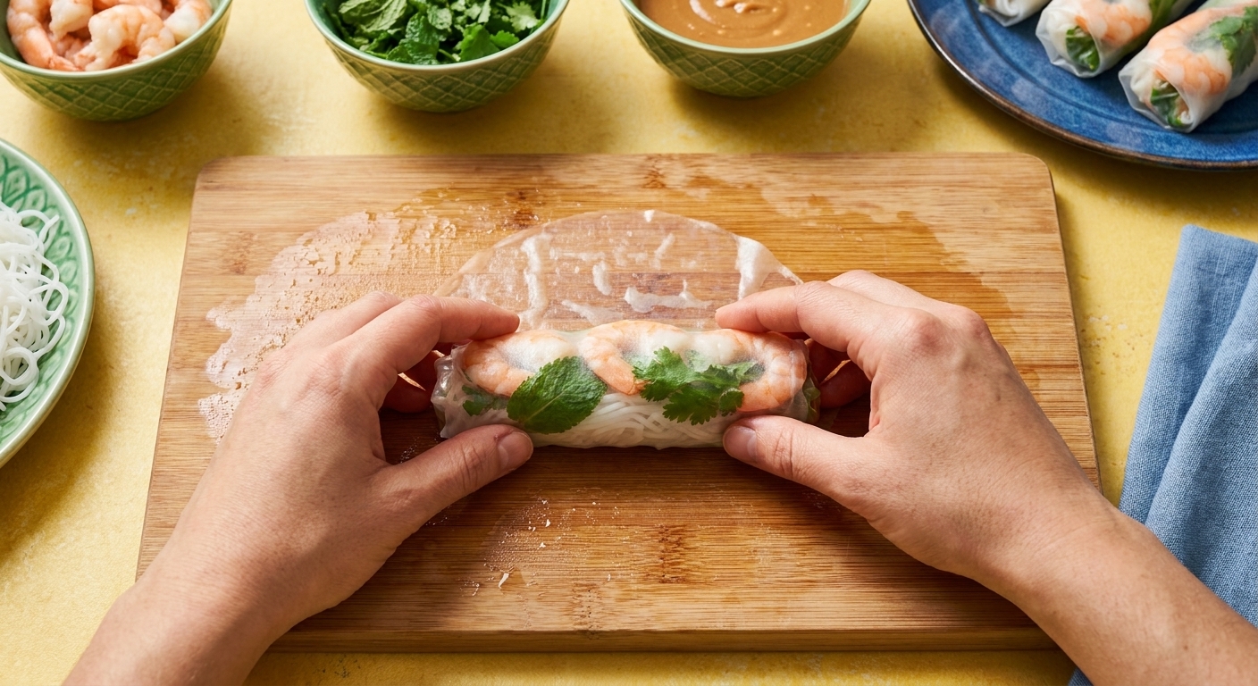 Hands rolling a Vietnamese spring roll on a damp cutting board with herbs and shrimp visible through the rice paper