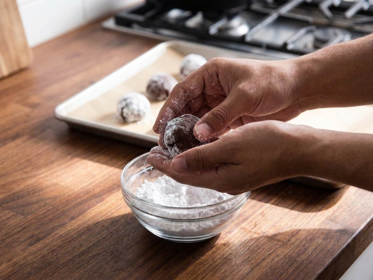 Hands rolling a ball of chocolate cookie dough in powdered sugar over a small bowl on a kitchen counter