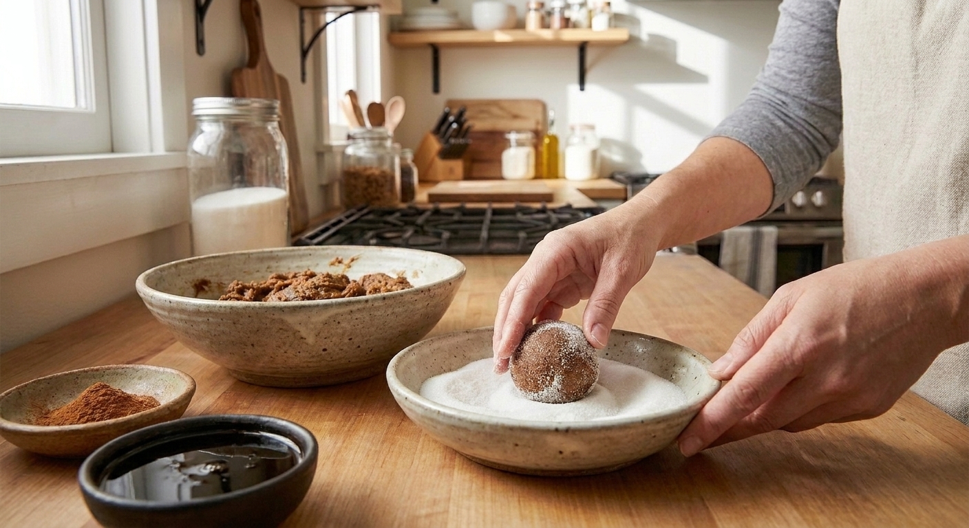 Hands rolling a ball of ginger cookie dough in a shallow bowl of granulated sugar on a kitchen counter