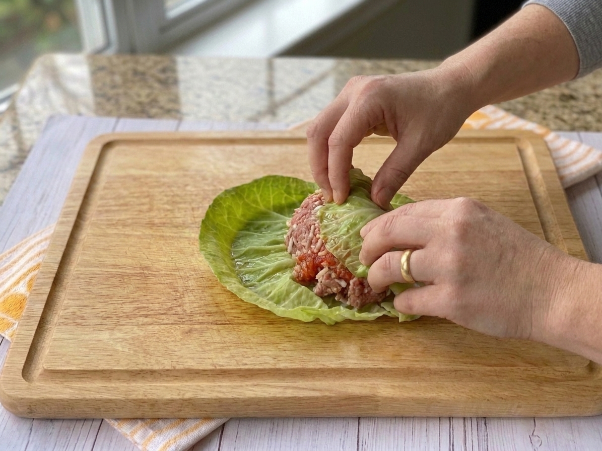 Hands rolling a blanched cabbage leaf around a mound of meat and rice filling on a wooden cutting board