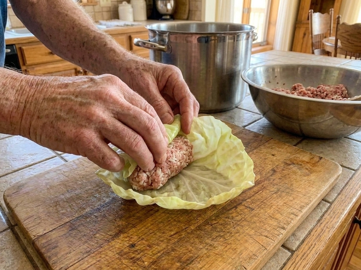 Hands rolling a cabbage leaf around a portion of meat and rice filling on a wooden cutting board