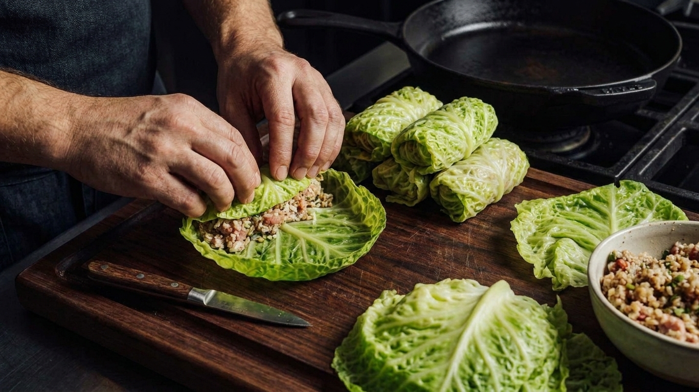 Hands rolling a cabbage leaf around pork and rice filling on a cutting board, with formed rolls nearby