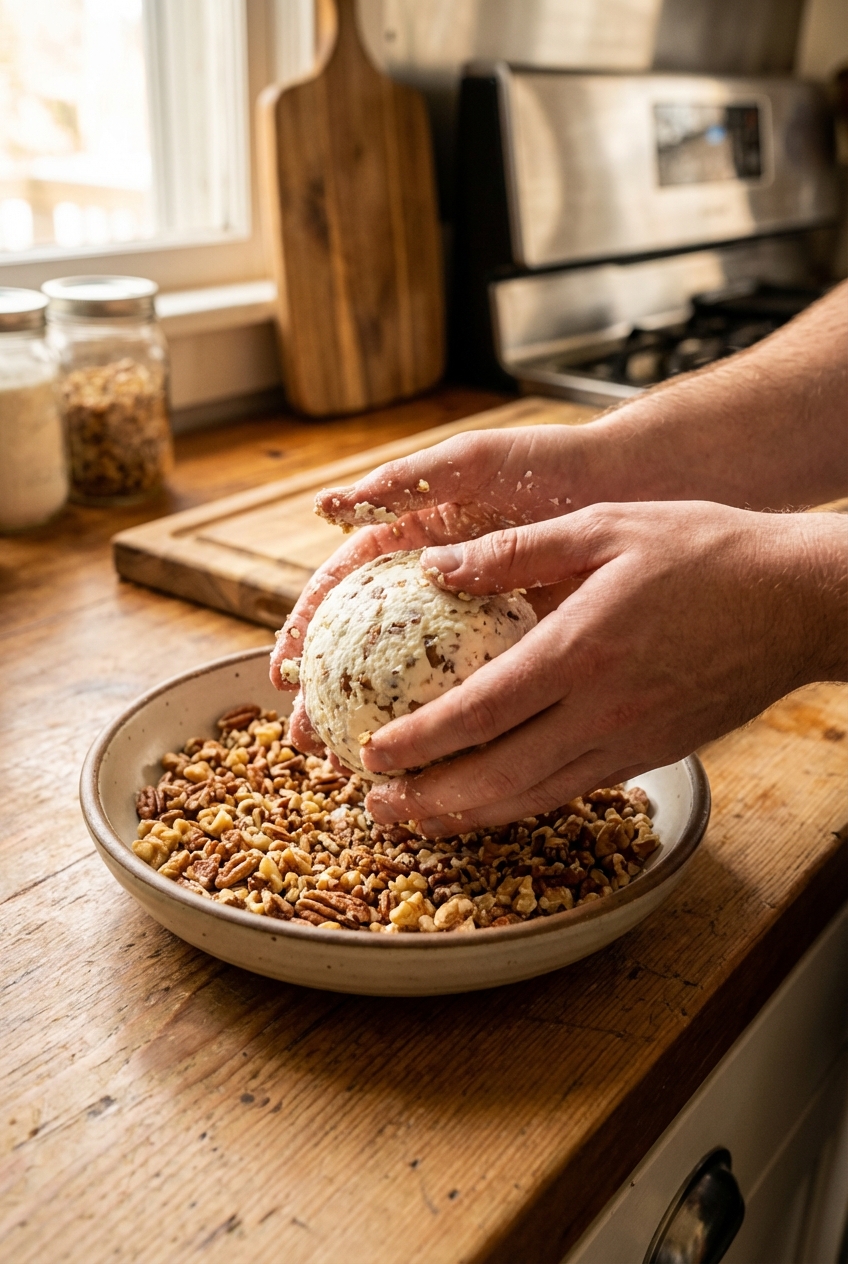 Hands rolling a cheese ball mixture in a shallow bowl of chopped toasted nuts on a kitchen counter