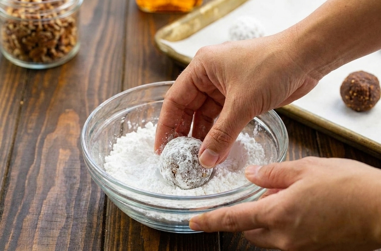 Hands rolling a chocolate bourbon ball in a bowl of powdered sugar with a parchment-lined baking sheet nearby