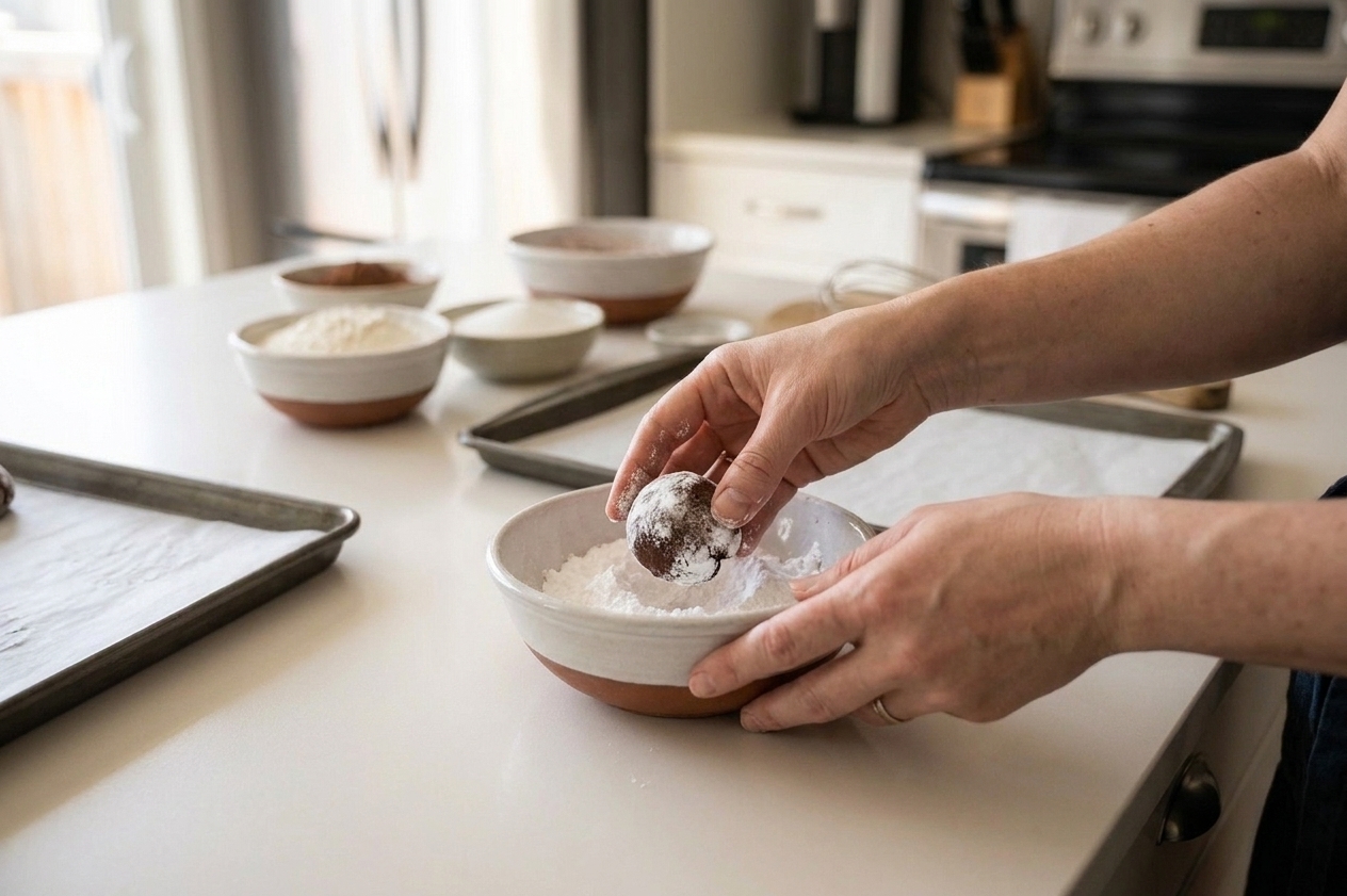 Hands rolling a chocolate cookie dough ball in powdered sugar over a small bowl on a home kitchen counter