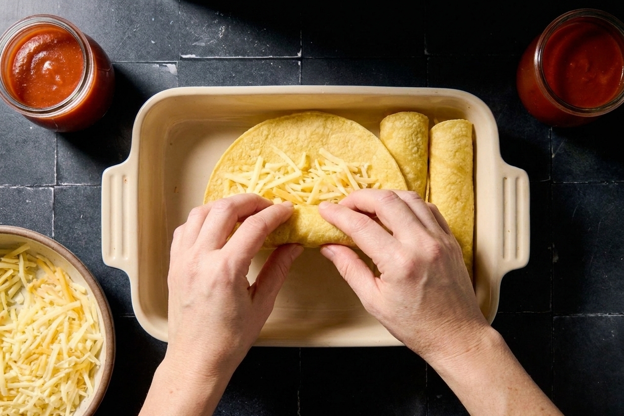 Hands rolling a corn tortilla filled with shredded cheese over a baking dish