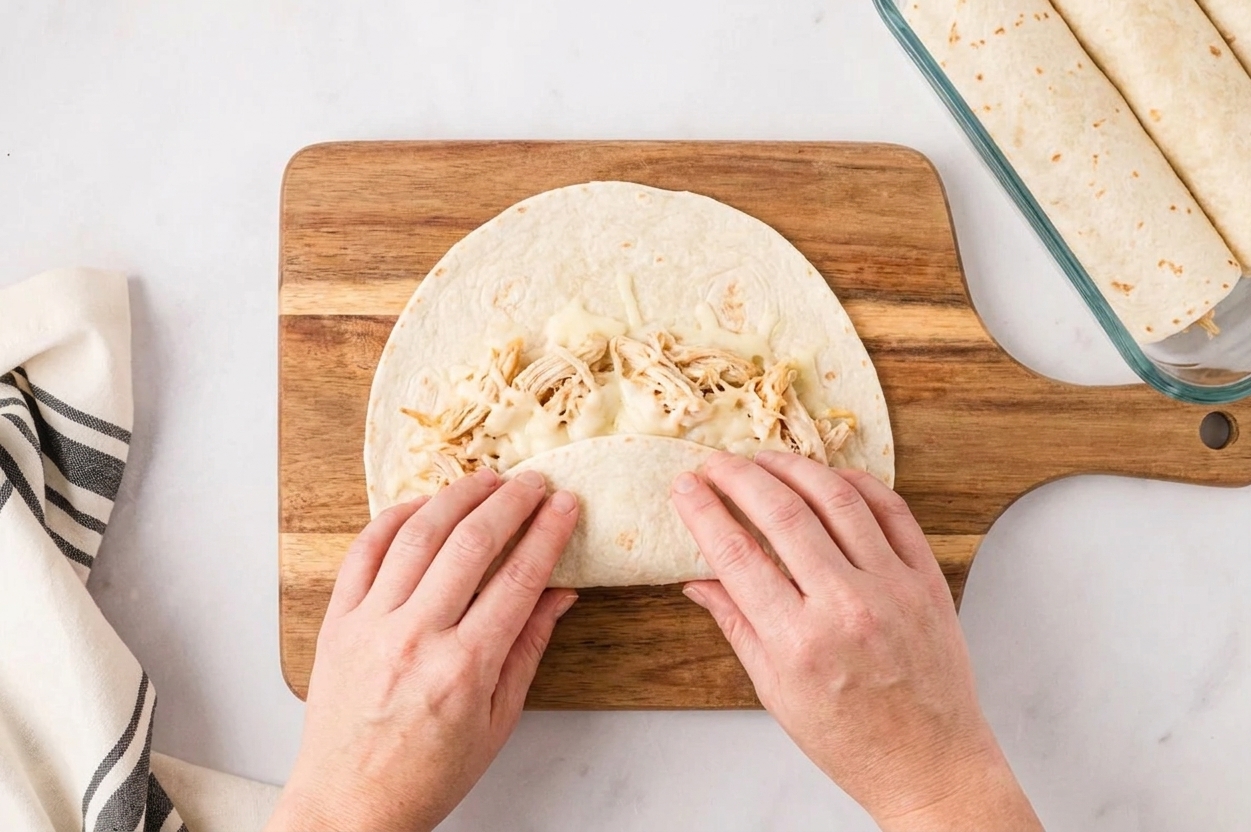 Hands rolling a flour tortilla filled with shredded chicken and cheese on a cutting board next to a baking dish