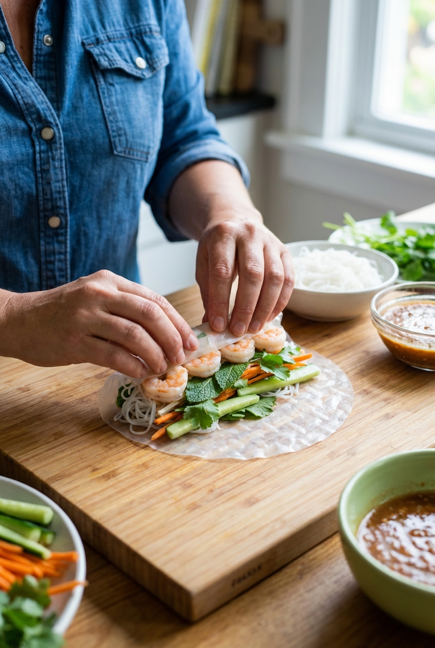 Hands rolling a fresh spring roll on a cutting board with rice paper, shrimp, herbs, and vegetables
