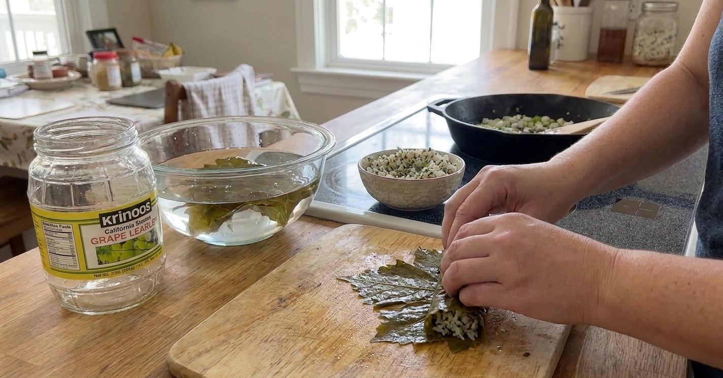 Hands rolling a grape leaf around herbed rice filling on a wooden cutting board