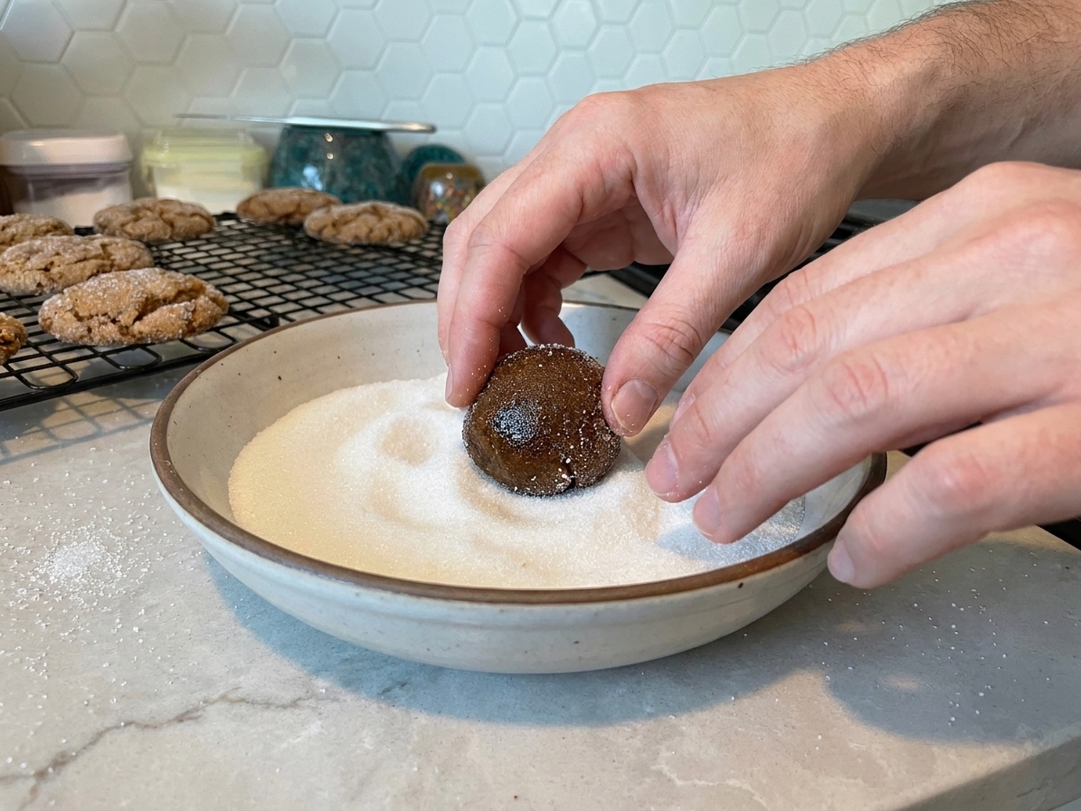 Hands rolling a molasses cookie dough ball in a bowl of granulated sugar on a light stone countertop