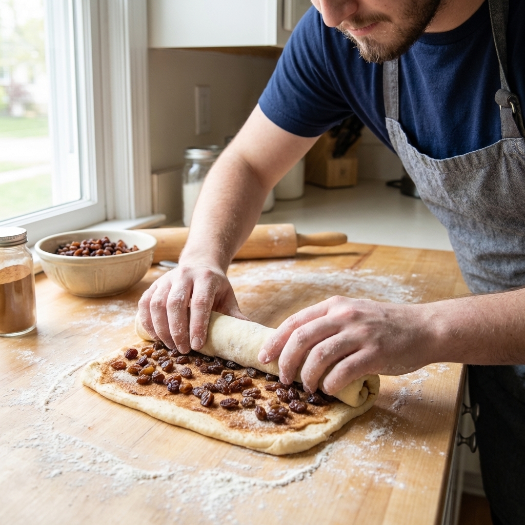 Hands rolling a rectangle of dough into a tight cinnamon swirl log on a lightly floured countertop, raisins visible in the dough, natural kitchen light, photorealistic