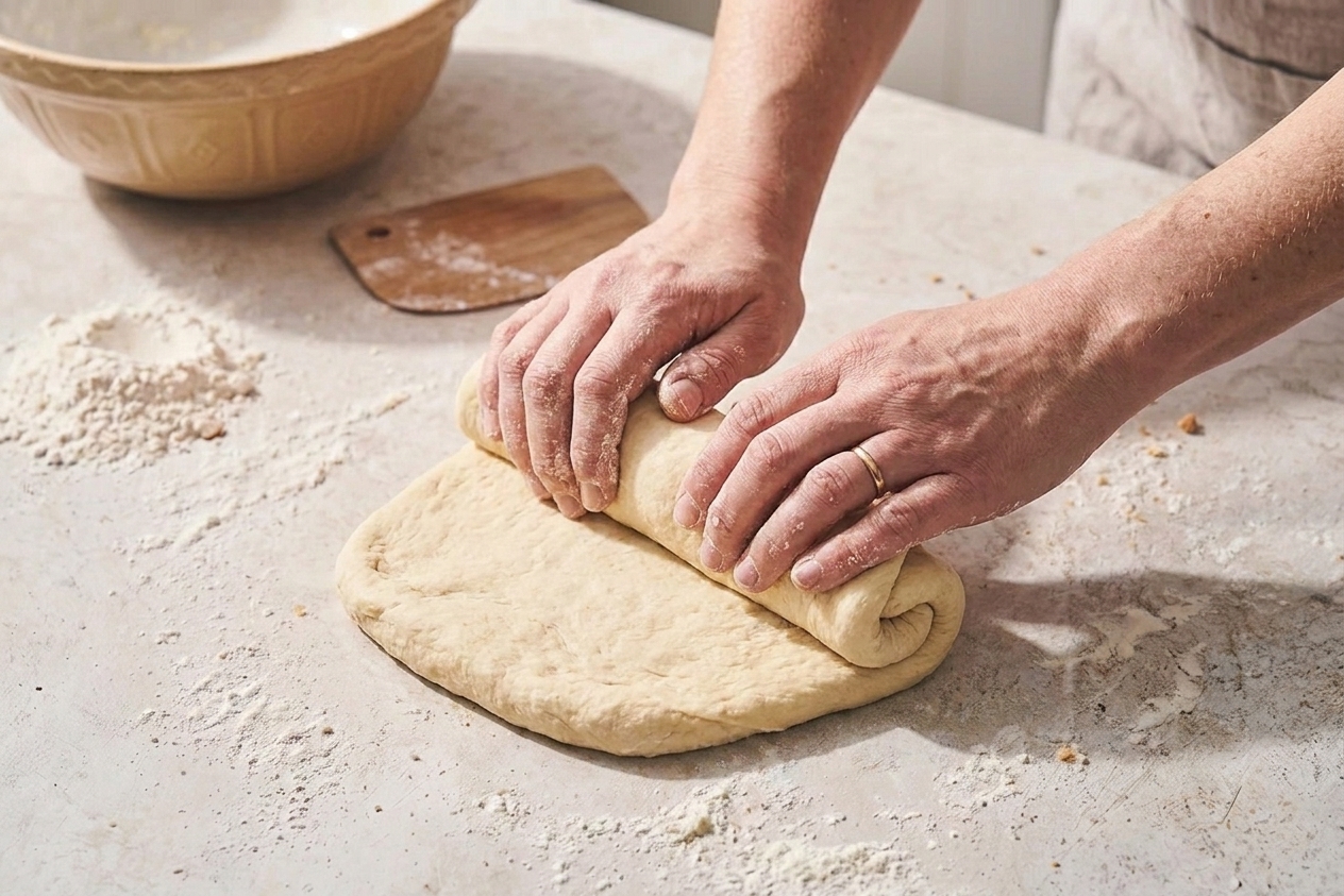 Hands rolling a rectangle of dough into a tight log for a sandwich loaf on a clean counter
