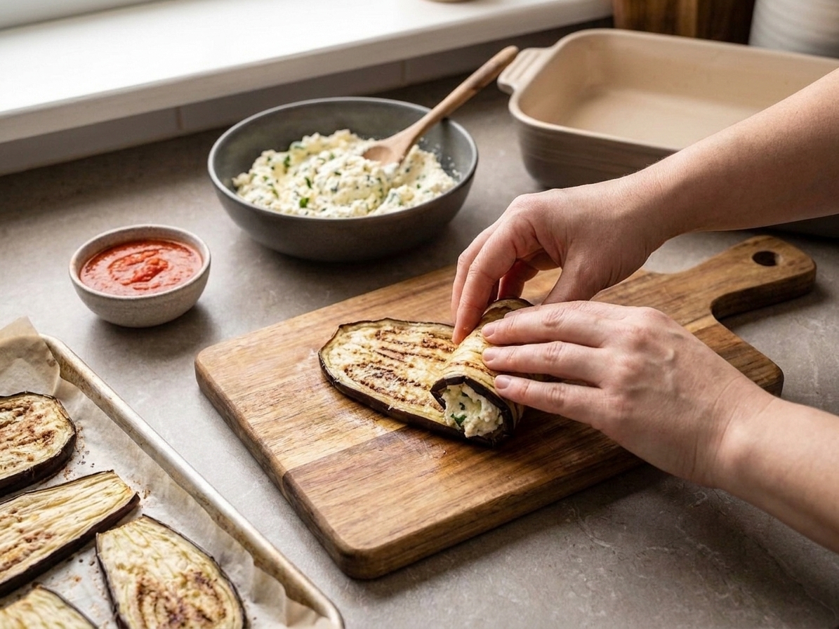 Hands rolling a roasted eggplant slice around a scoop of ricotta filling on a cutting board, mid-roll