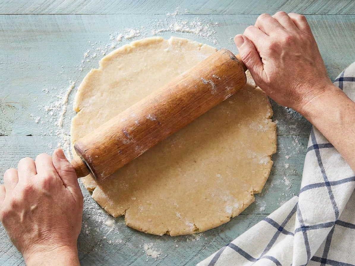 Hands rolling a round of pie dough on a lightly floured kitchen counter with a wooden rolling pin