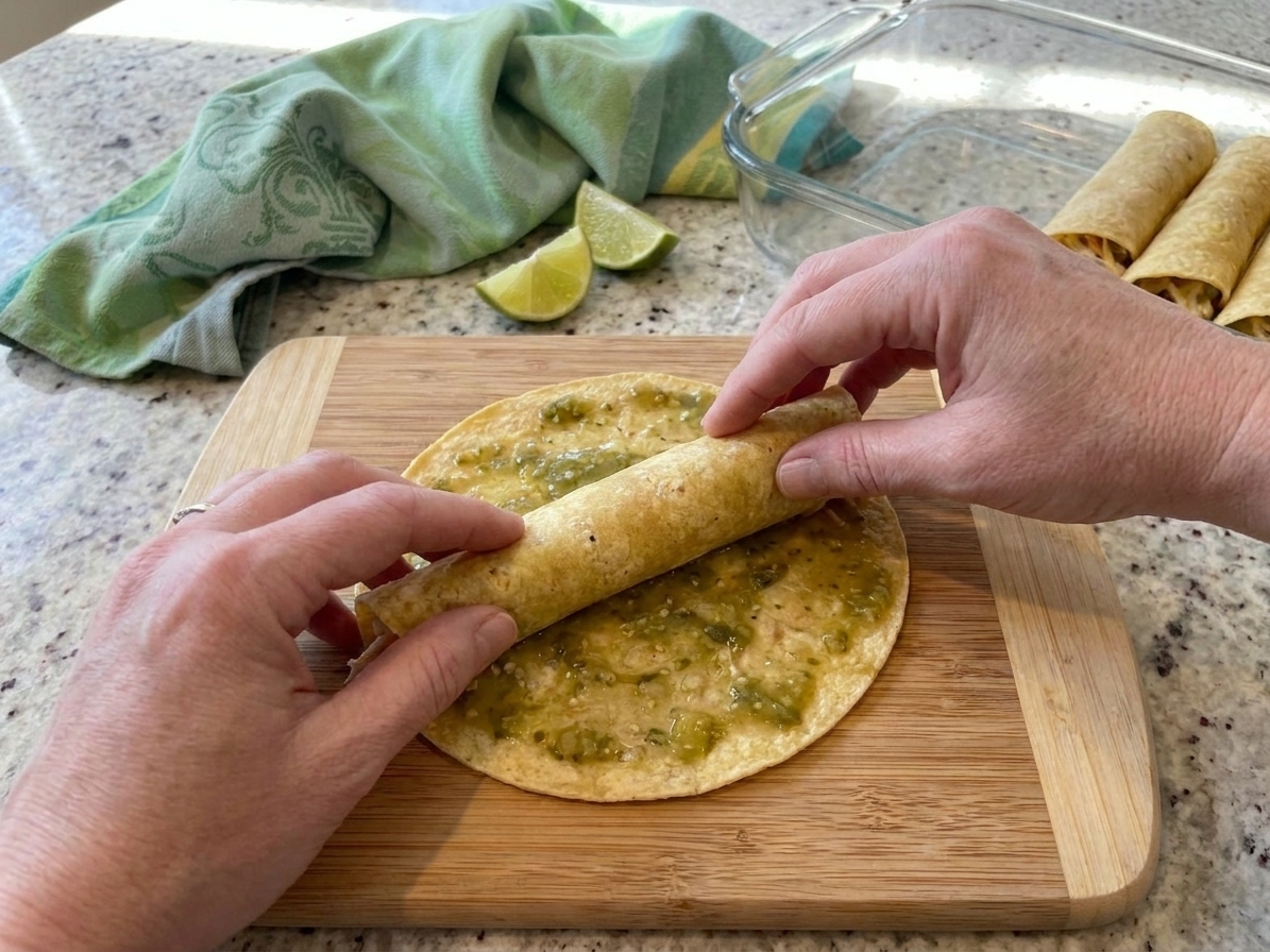 Hands rolling a sauce-dipped corn tortilla filled with chicken and cheese on a cutting board next to a baking dish