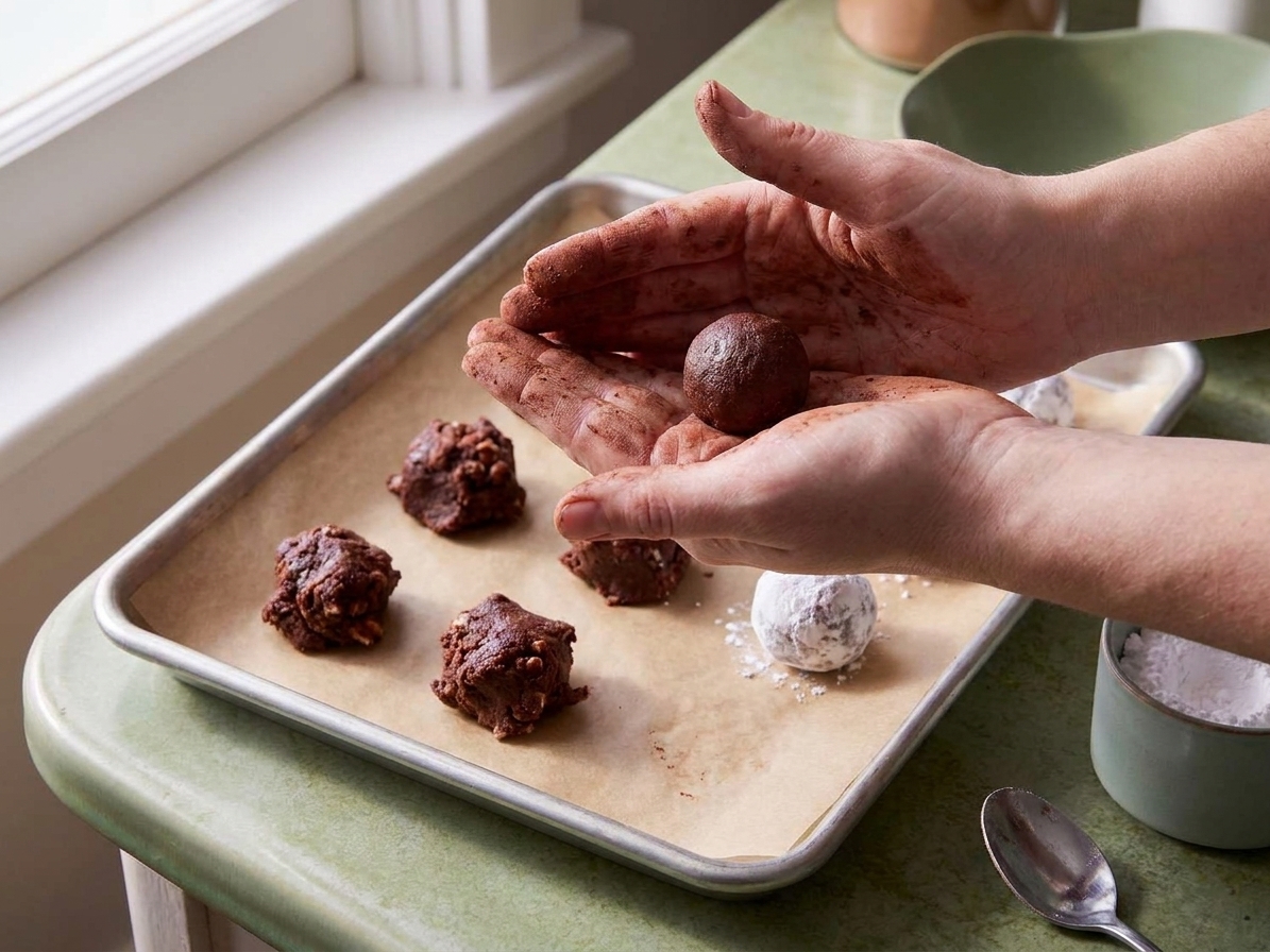 Hands rolling a small chocolate rum ball between palms over a parchment-lined baking sheet in a home kitchen