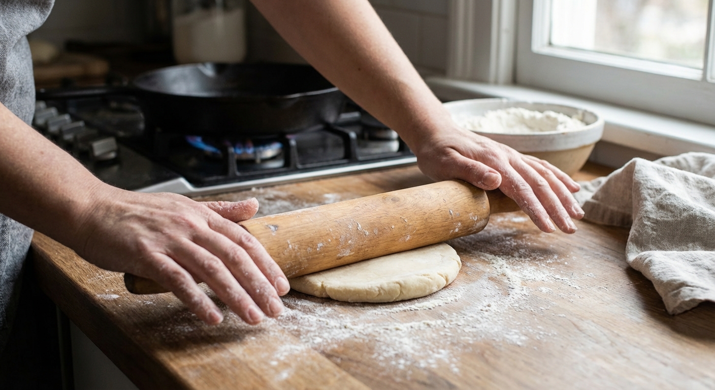Hands rolling a small round of flatbread dough with a rolling pin on a lightly floured wooden countertop, a cast iron skillet heating in the background, natural kitchen light, photorealistic food photography