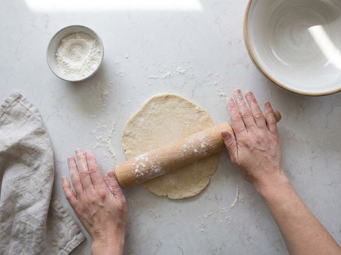 Hands rolling a small round of unleavened flatbread dough with a rolling pin on a lightly floured countertop