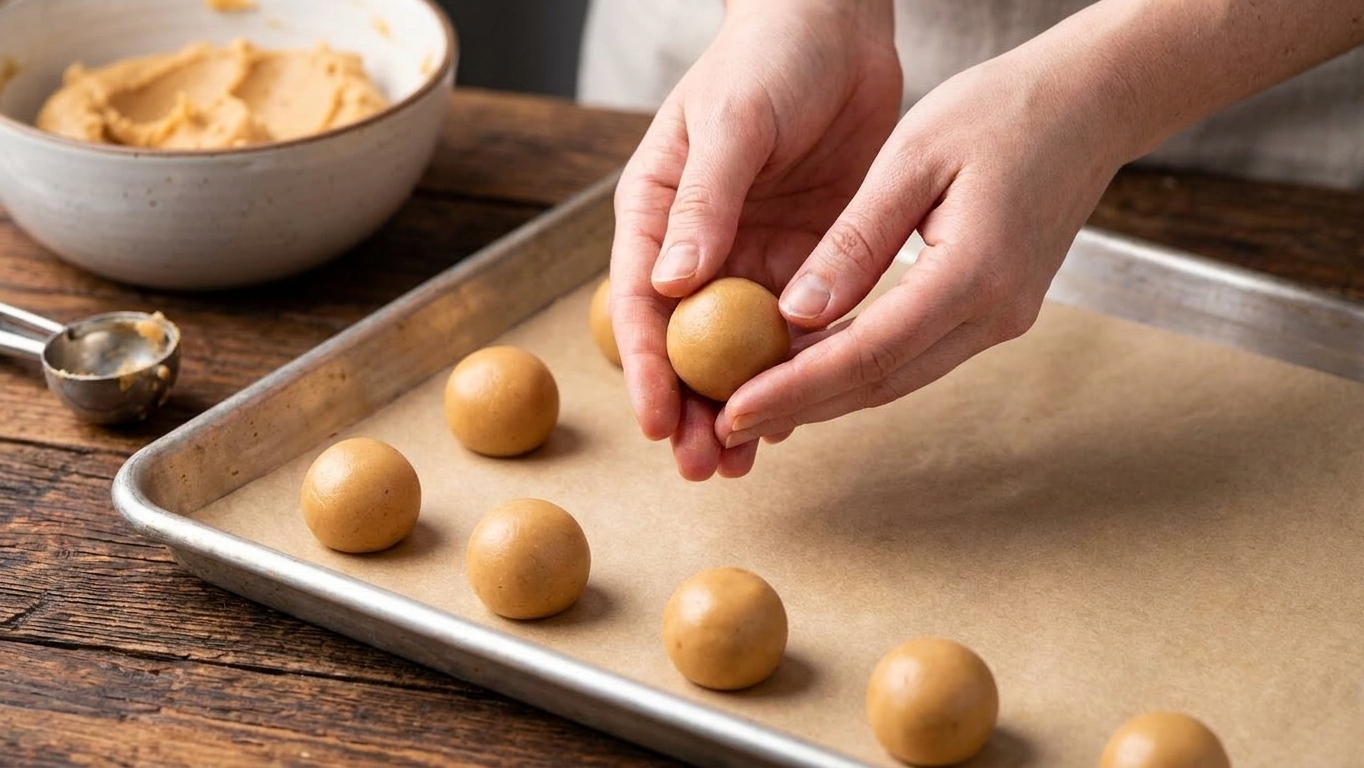 Hands rolling a smooth peanut butter mixture into small balls on a parchment lined baking sheet on a bright kitchen counter
