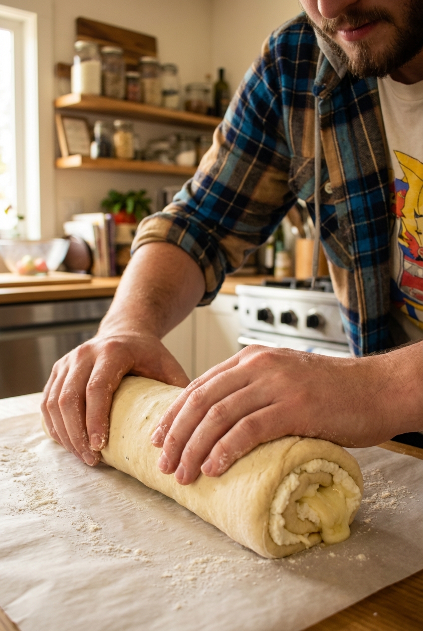 Hands rolling a stromboli log on parchment paper with ricotta and mozzarella spread inside