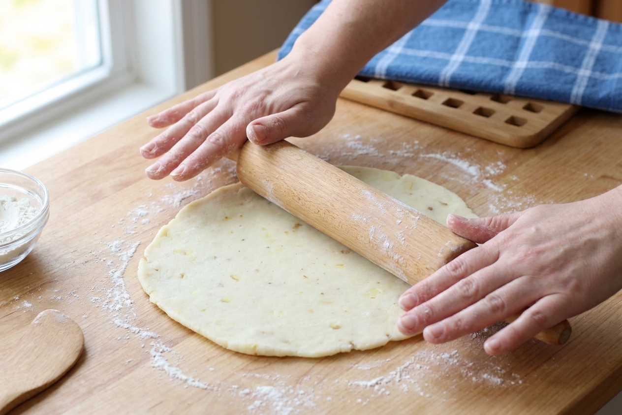 Hands rolling a thin round of potato dough with a rolling pin on a lightly floured surface