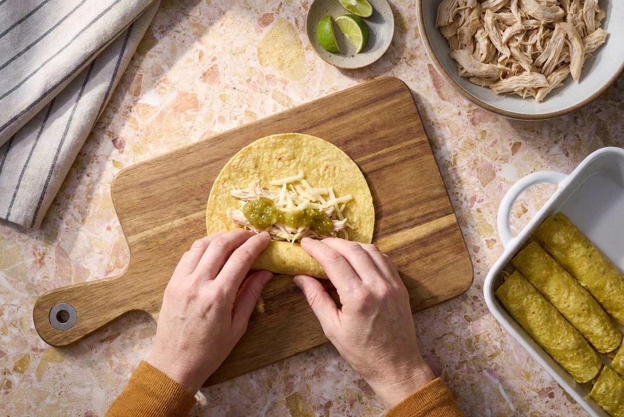 Hands rolling a tortilla filled with shredded chicken and cheese on a cutting board beside a baking dish