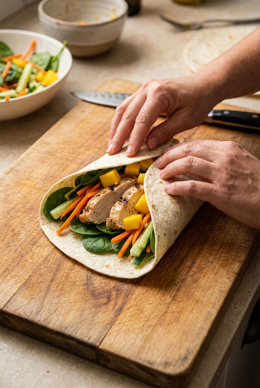 Hands rolling a tortilla wrap filled with sliced chicken, spinach, shredded carrots, cucumber, and mango on a cutting board