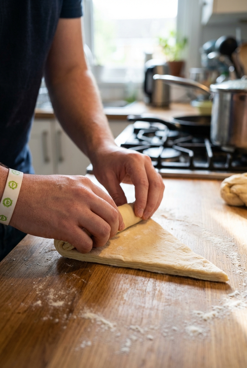 Hands rolling a triangle of croissant dough into a tight crescent shape on a lightly floured counter