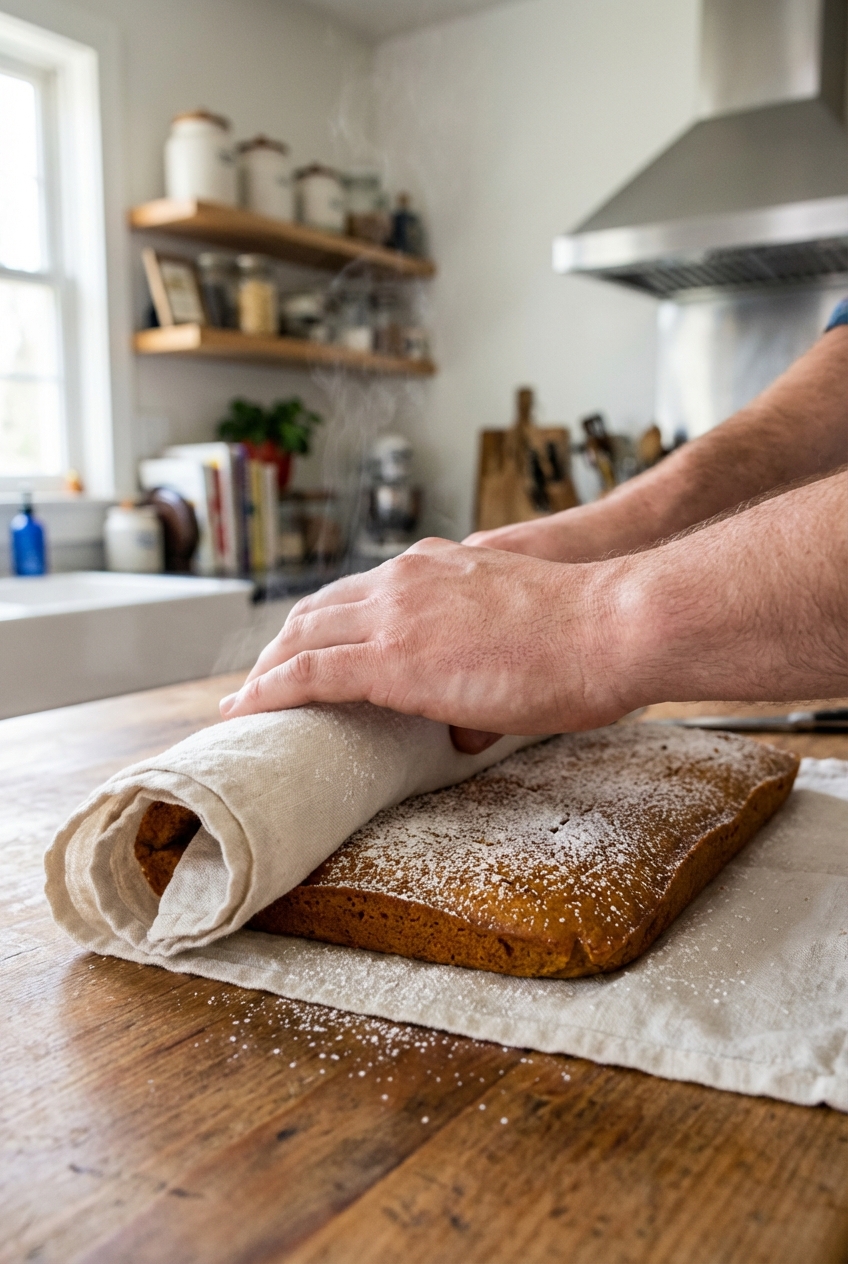 Hands rolling a warm pumpkin sheet cake in a clean kitchen towel on a wooden counter