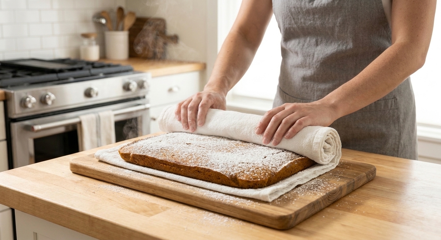 Hands rolling a warm pumpkin sheet cake in a powdered sugar dusted kitchen towel on a wooden cutting board