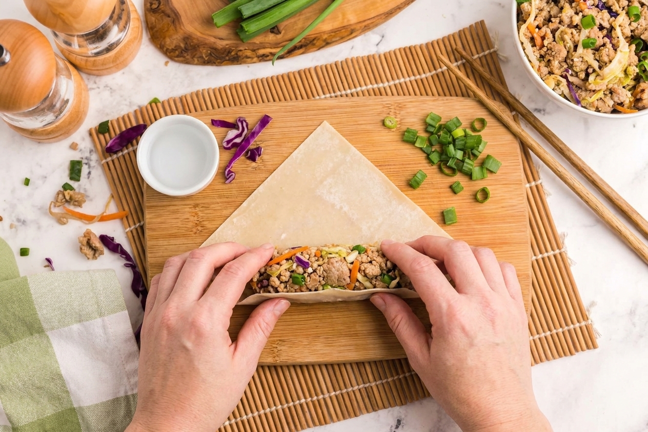 Hands rolling an egg roll wrapper around a small log of pork and cabbage filling on a wooden cutting board