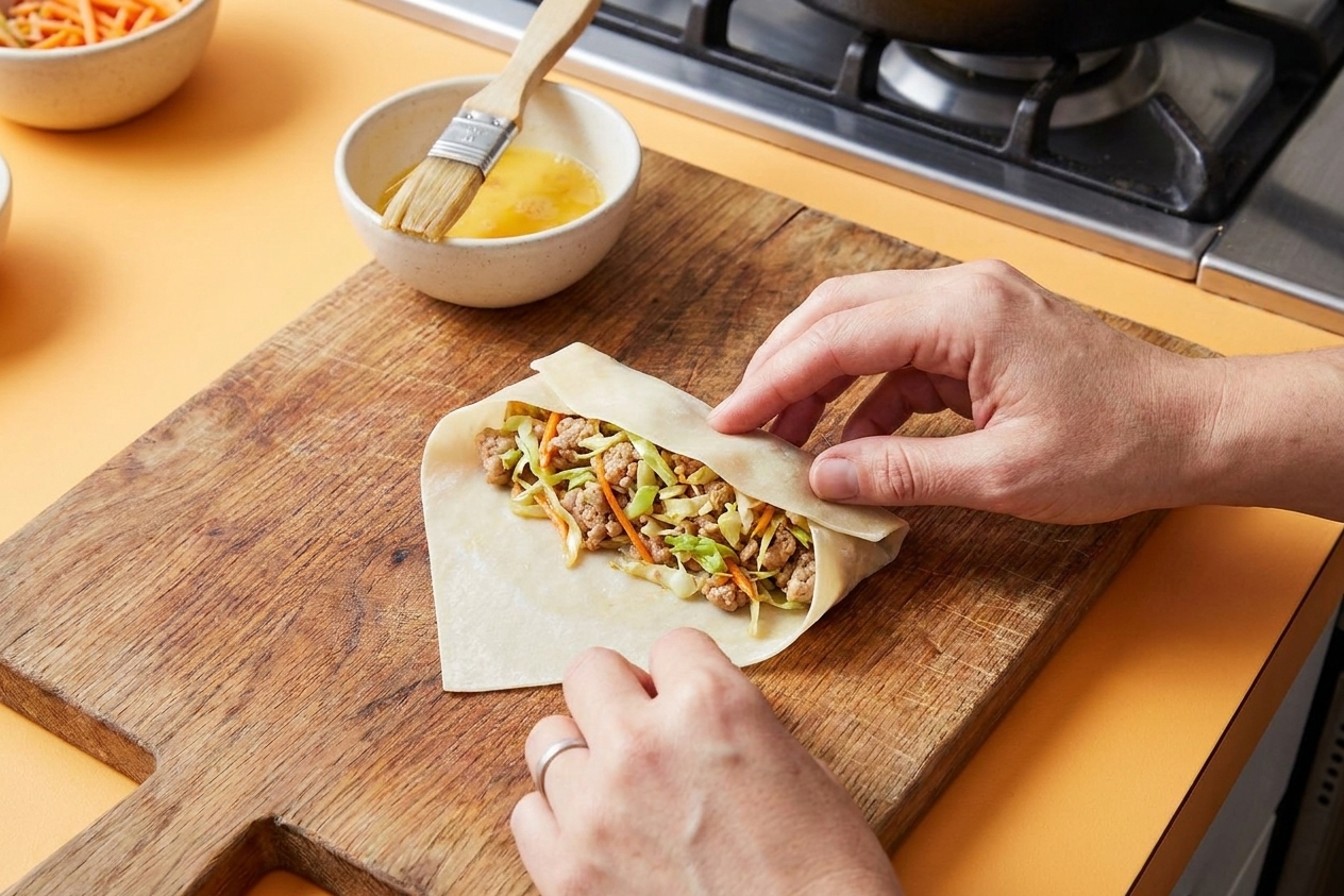 Hands rolling an egg roll wrapper around pork and cabbage filling on a wooden cutting board with a small bowl of beaten egg nearby