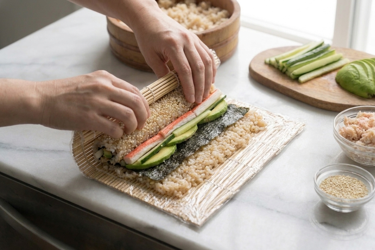 Hands rolling an inside-out California roll with a bamboo mat, shaping the roll into a tight cylinder on a kitchen counter