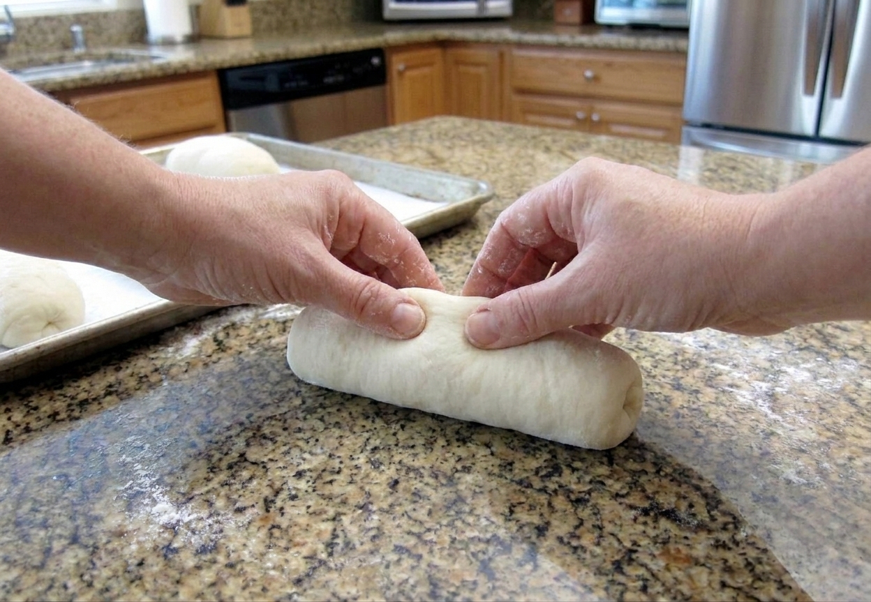 Hands rolling and pinching dough into a tight hoagie roll shape on a parchment-lined baking sheet