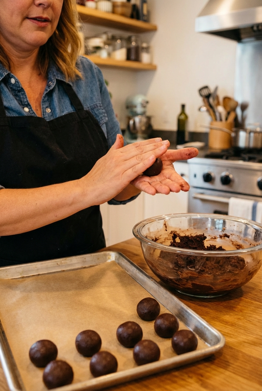 Hands rolling cake pop mixture into smooth balls on a parchment-lined baking sheet