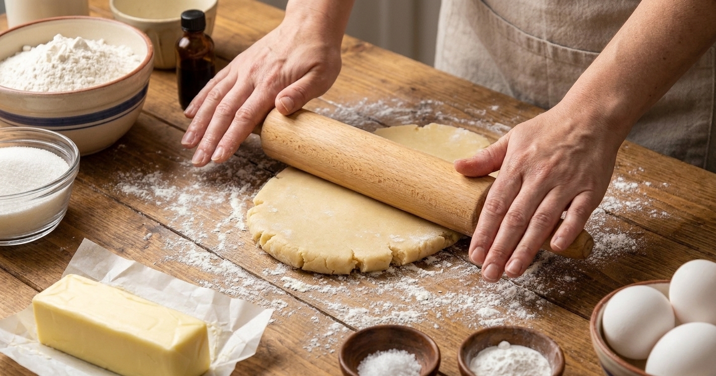 Hands rolling chilled sugar cookie dough with a rolling pin on a lightly floured countertop in a home kitchen